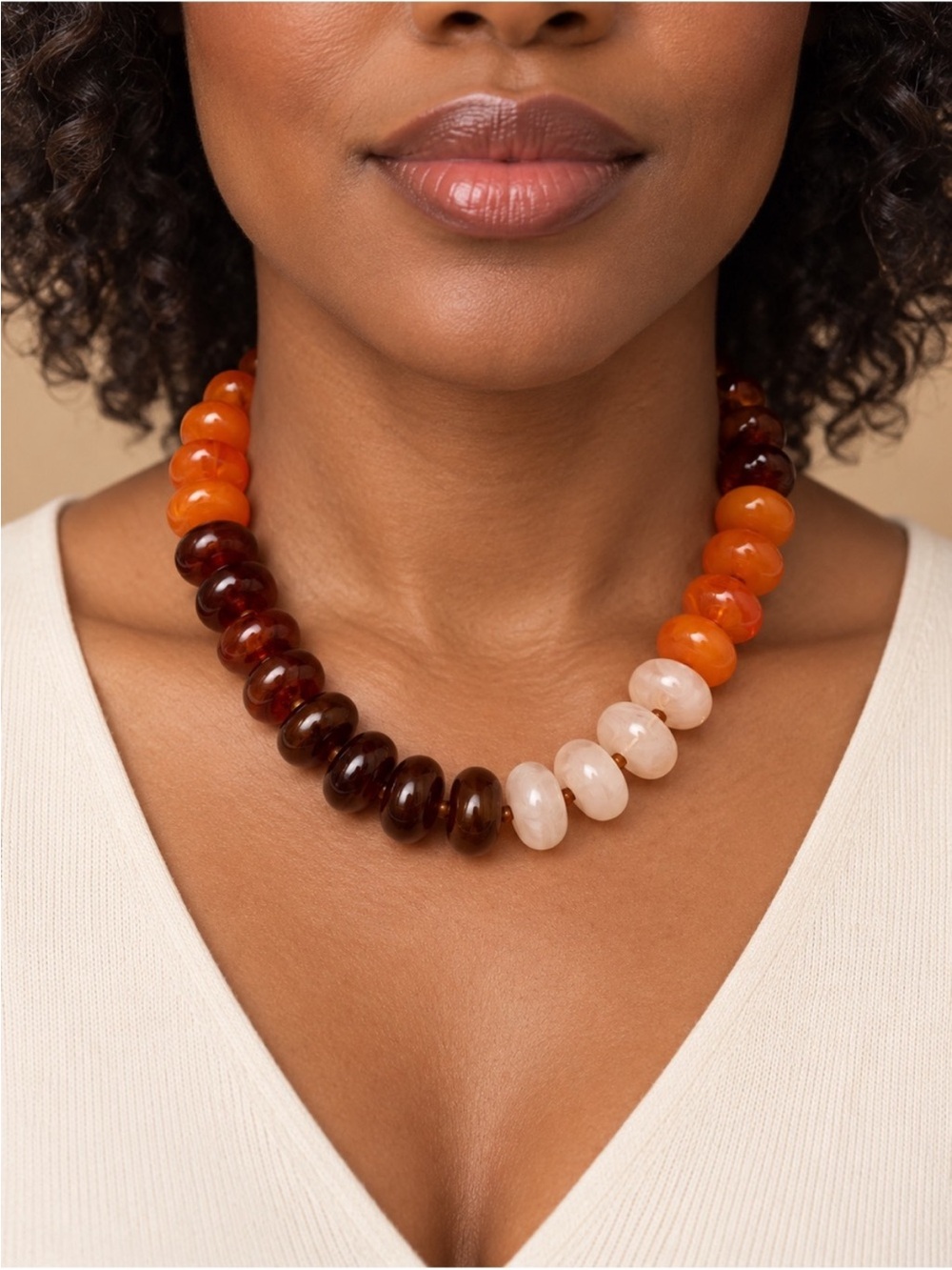 New! Multicolor Amber Pumpkin Spice Resin Dopamine Statement Beaded Necklace